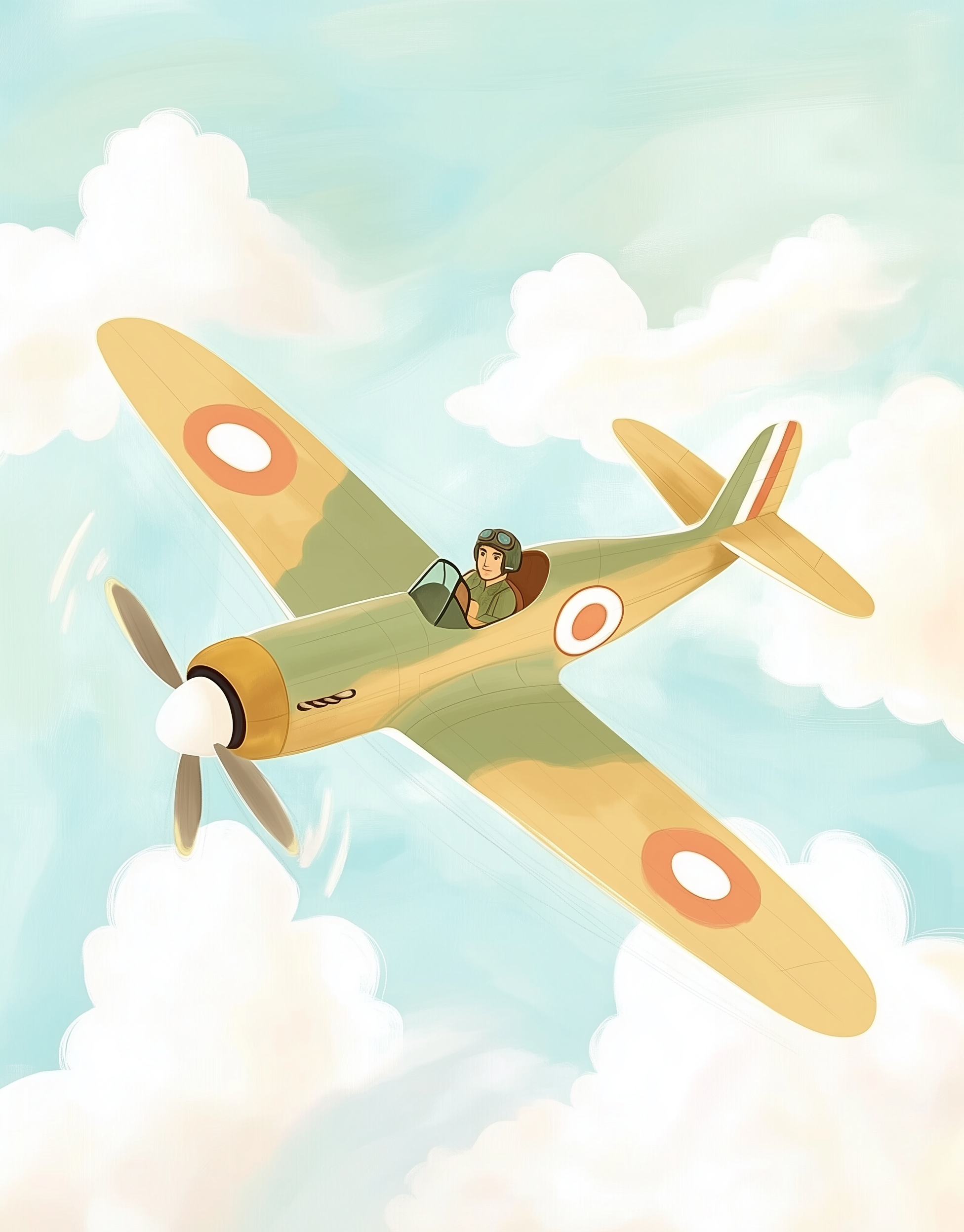A vintage-style illustration of a pilot flying a propeller airplane with roundels on the wings, soaring through a bright blue sky with fluffy white clouds.