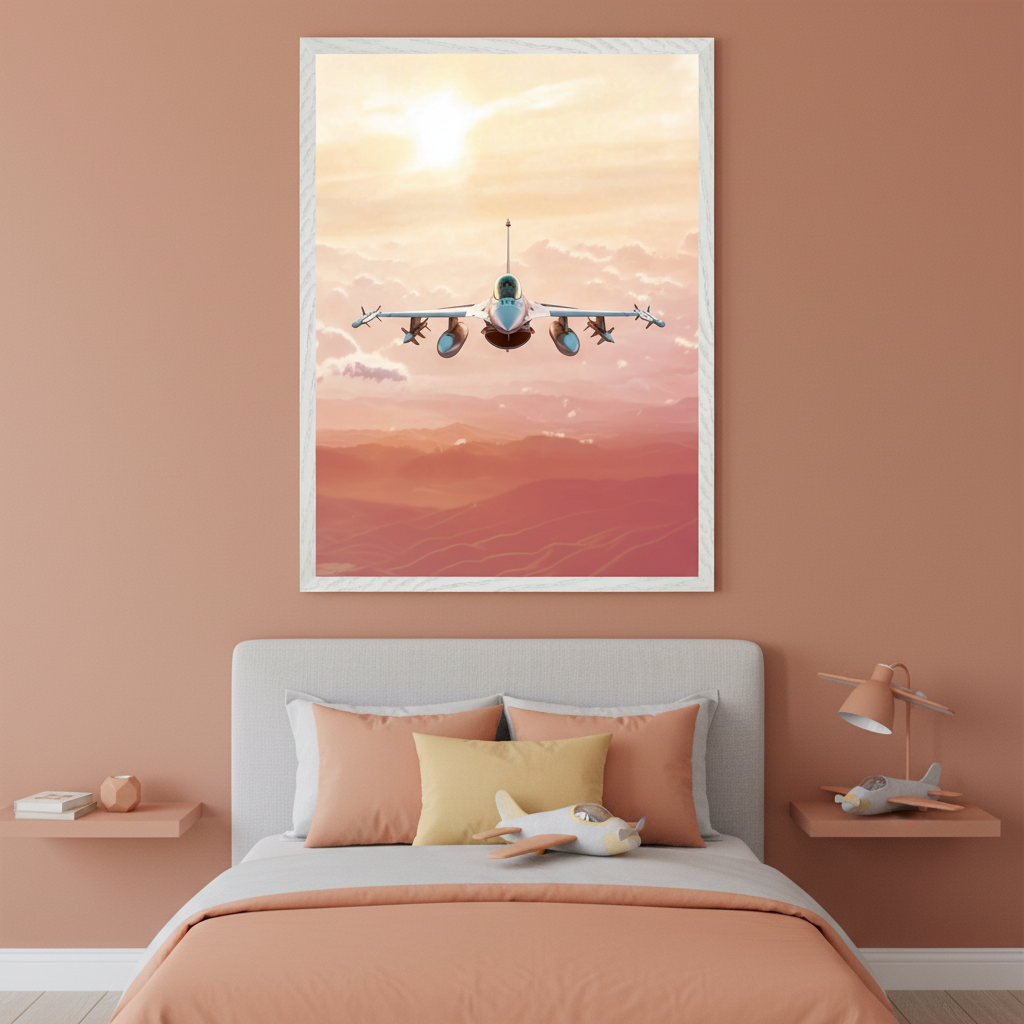 Kid's bedroom with a bed featuring a gray headboard and peach bedding. Two floating shelves flank the bed. A large framed print of a fighter jet flying over mountains at sunset hangs centered above the bed.