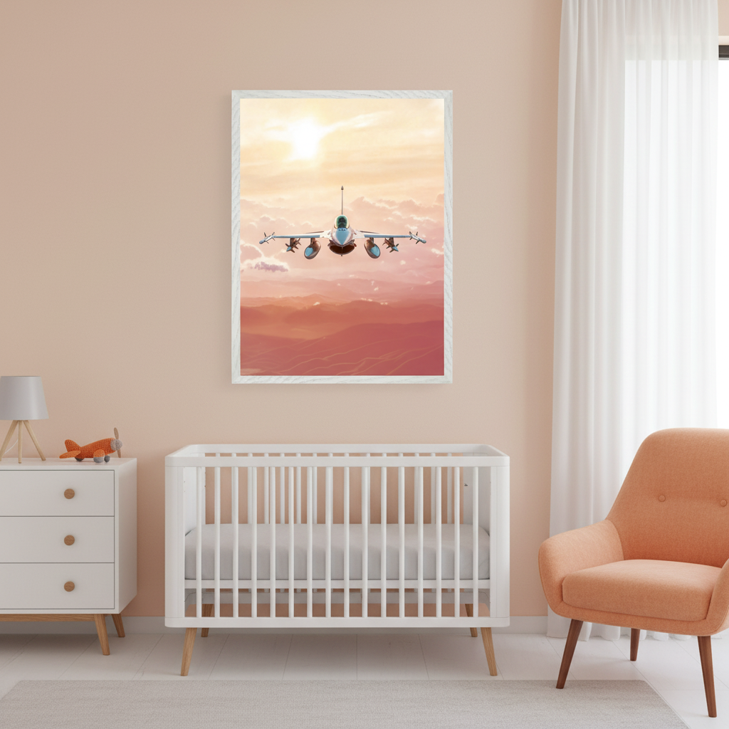 Modern nursery with a white crib, white dresser, and an orange armchair. A large framed print of a fighter jet flying over red mountains at sunset hangs above the crib.