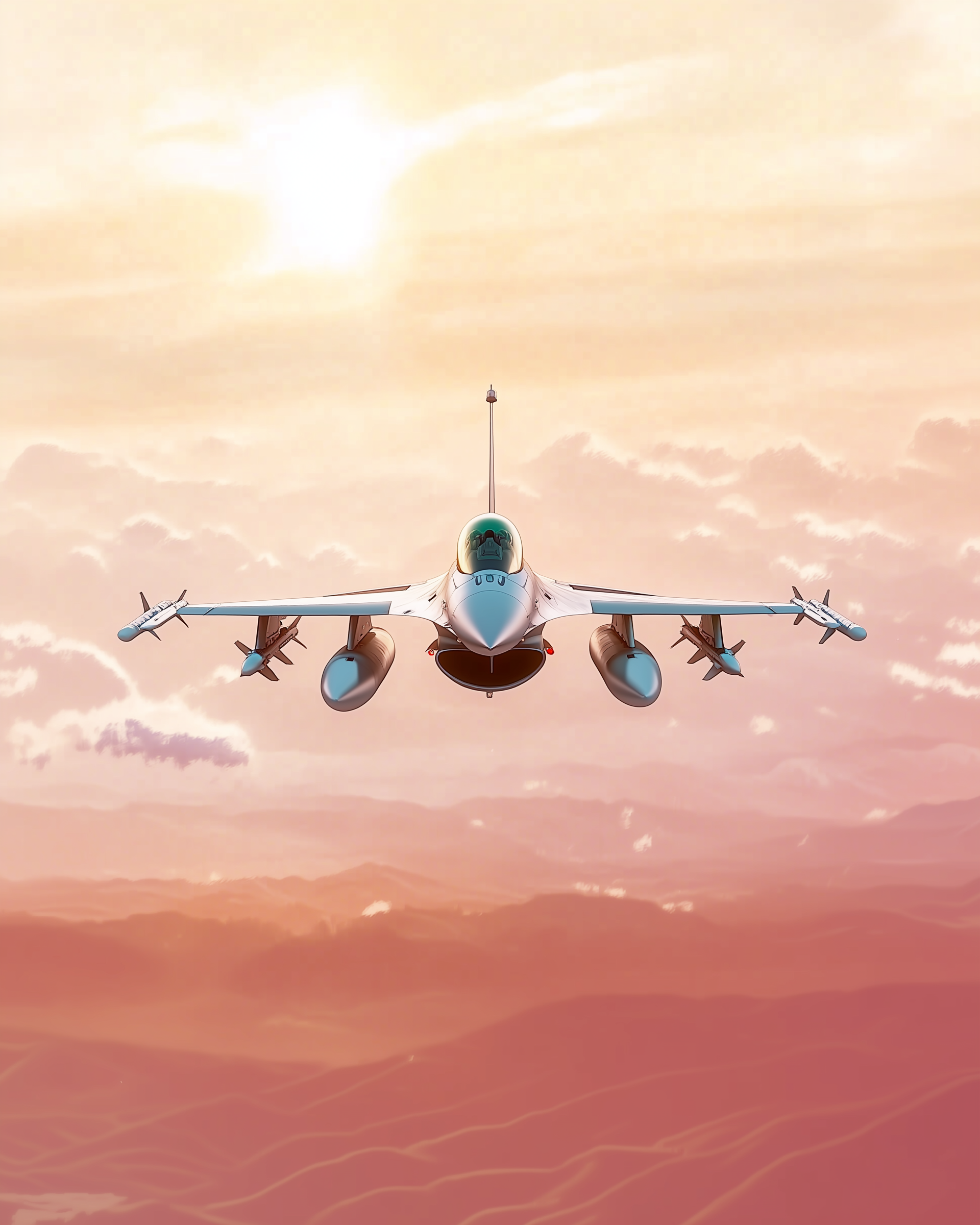 A fighter jet soars through a peach-hued sky, its sleek body glinting in the sunlight. The aircraft is equipped with missiles under its wings, flying above a landscape of rolling hills and soft, wispy clouds.