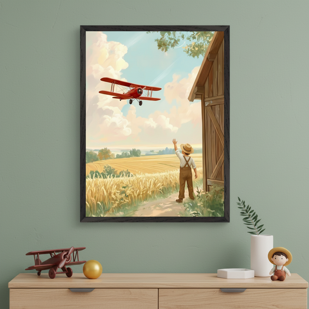 Young boy in overalls waves at a red biplane flying low over golden wheat fields under a sky filled with soft clouds. The artwork, resting on a white blanket, captures a nostalgic rural scene with warm, vintage tones.