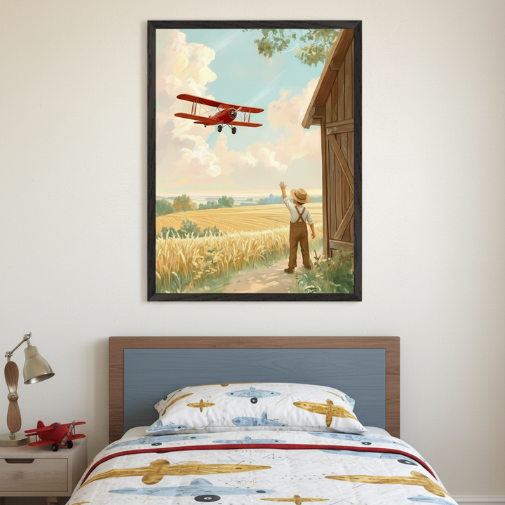 Kid's bedroom with a single bed and blue headboard. A large black-framed painting centered above the bed depicts a boy waving at a red biplane over a golden wheat field with a barn, in an illustrative style. A propeller lamp and toy biplane are on a nightstand.