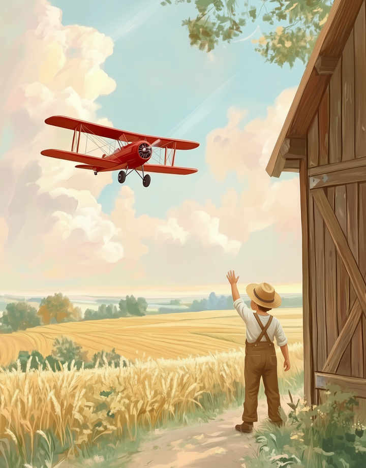 A young boy in overalls and a straw hat stands beside a wooden barn, waving at a red biplane flying overhead. The scene is set against a picturesque landscape of golden wheat fields and a sky filled with soft, fluffy clouds.
