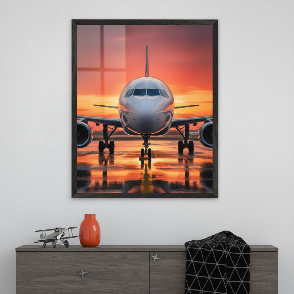 An artwork of a commercial airplane facing forward on a wet runway during a vivid orange sunset, reflecting on the ground. The artwork is displayed above a dark wood dresser with a small model plane, orange vase, and folded blanket.