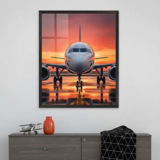 An artwork of a commercial airplane facing forward on a wet runway during a vivid orange sunset, reflecting on the ground. The artwork is displayed above a dark wood dresser with a small model plane, orange vase, and folded blanket.