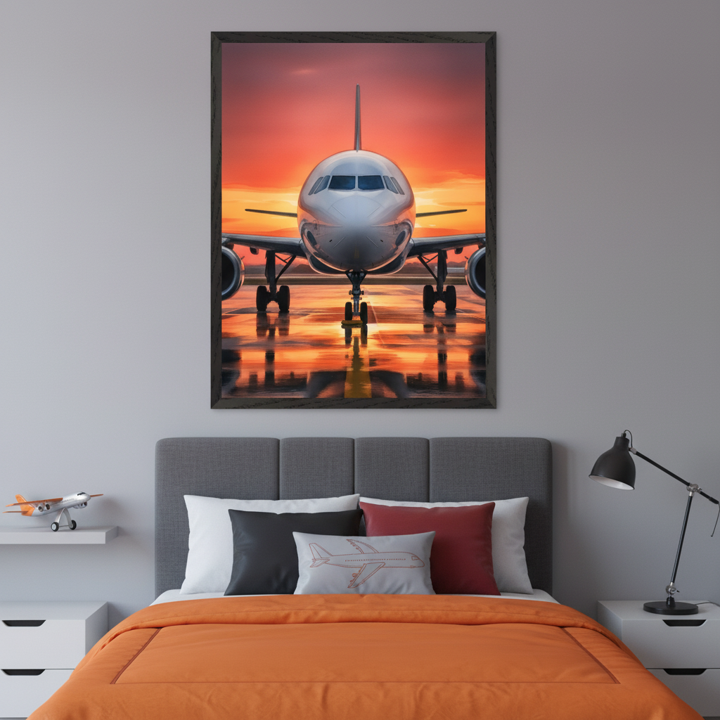 Striking airplane photograph at sunset showing the aircraft head-on on a reflective runway, framed above a bed with orange bedding and airplane-themed pillows. The room includes side tables, a desk lamp, and a toy airplane on a floating shelf.