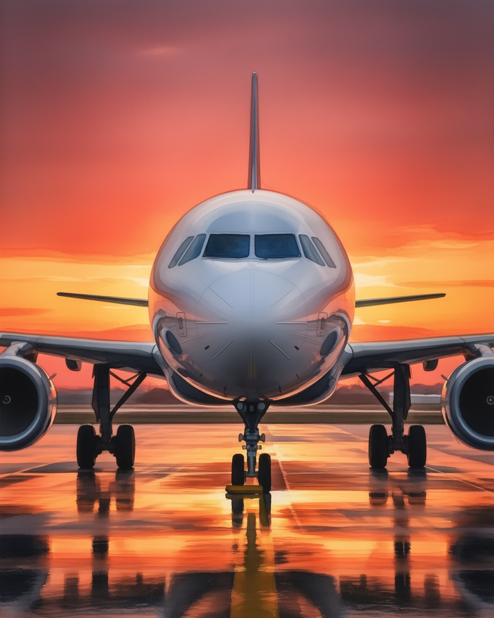 A sleek airplane is parked on a wet runway, reflecting the vibrant hues of a dramatic sunset with vivid orange and red skies in the background.