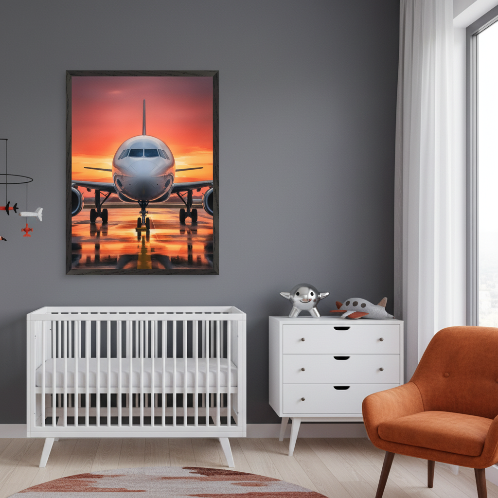 Vibrant airplane photograph of a jet on a runway at sunset, framed and hung above a white crib in a modern nursery. The room has gray walls, white furniture, plush airplane toys, and an orange accent chair near a large window.