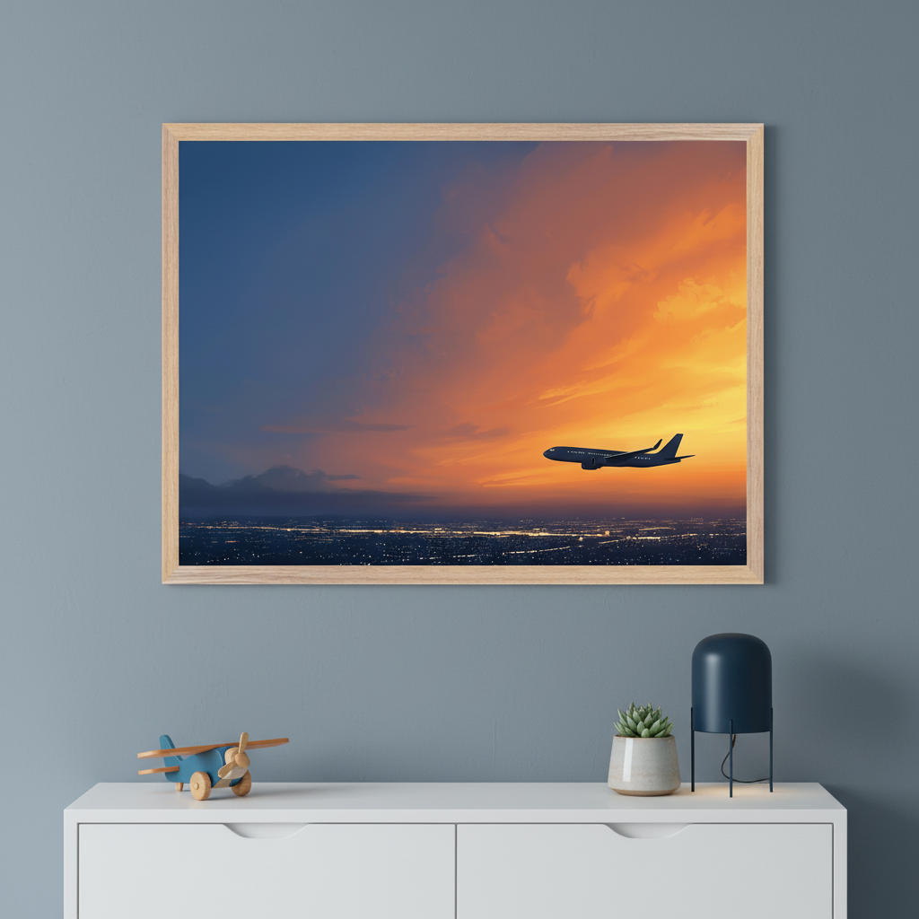 Framed artwork of a commercial airplane flying across a glowing sunset sky with vibrant orange and deep blue tones, displayed above a white dresser with a toy plane, succulent, and modern lamp.