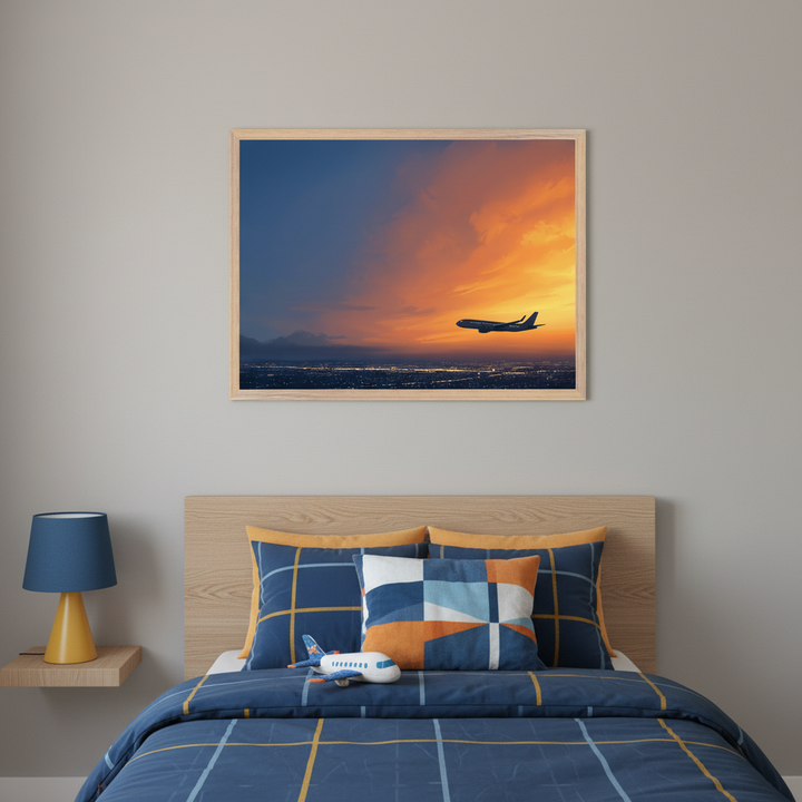 Cozy bedroom with a striking aviation photo of a jet silhouetted against a dramatic sunset, hanging above a bed dressed in orange and navy bedding with an airplane plush toy.