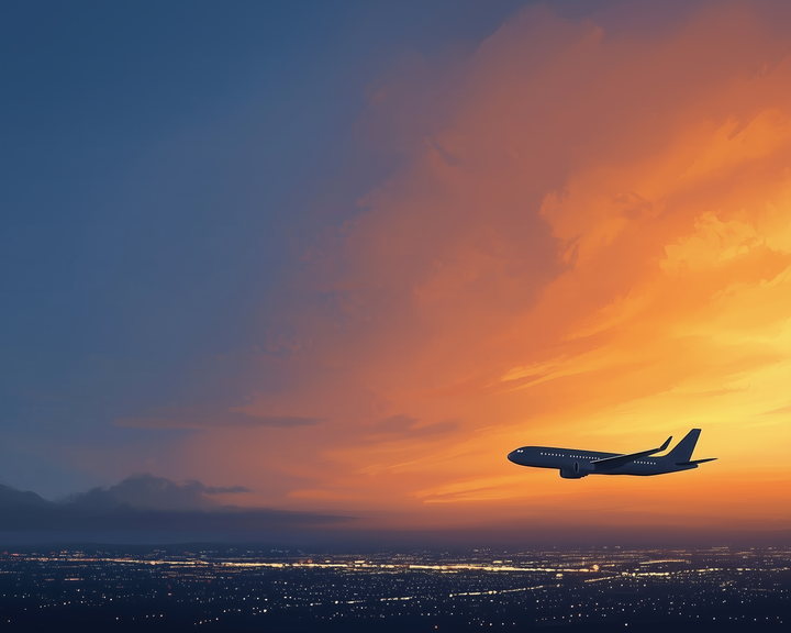 A silhouette of an airplane soars through a vibrant sunset sky, with hues of orange and yellow blending into the deep blue above. Below, a cityscape twinkles with scattered lights, creating a striking contrast against the colorful horizon.