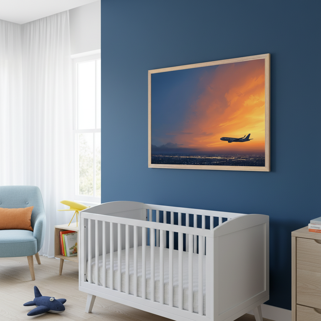 Modern nursery featuring a framed sunset image of a passenger jet soaring above a city, set against fiery clouds and twilight, hung above a white crib beside airplane-themed toys.
