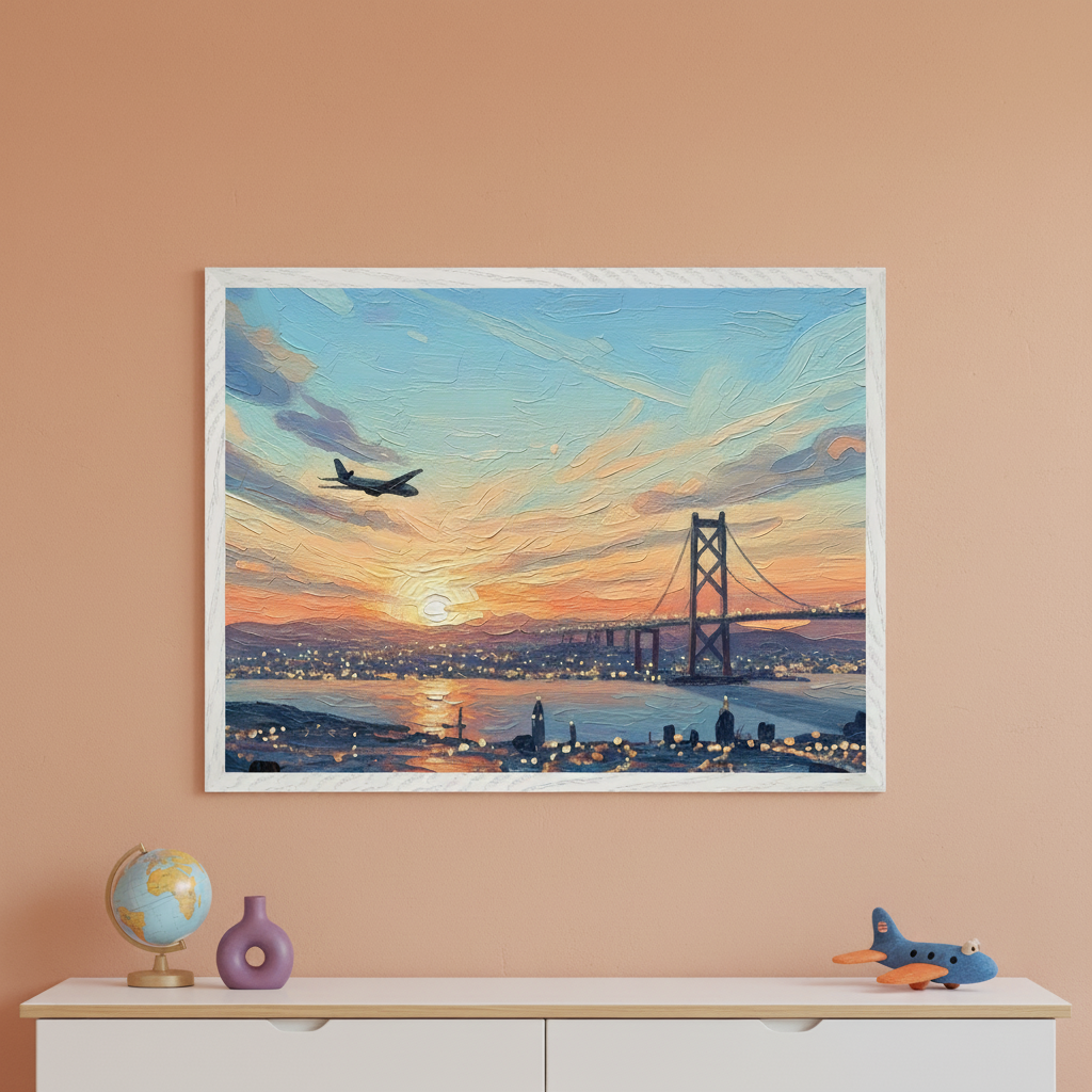 Hanged artwork of an airplane flying over a glowing cityscape at sunset with a large suspension bridge spanning the water, displayed above a white dresser with a globe, vase, and toy airplane.