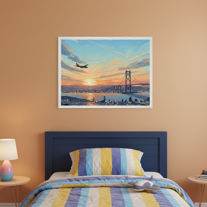 Bright bedroom with a colorful illustration of a sunset sky, airplane in flight, and a lit-up city and bridge below, hanging above a bed with striped bedding and a plush airplane toy.