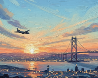 A painting depicts an airplane flying over a bridge during a stunning sunset. The sky is filled with vibrant hues of orange, pink, and blue, while city lights twinkle below, reflecting in the water.
