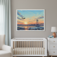 Peaceful nursery featuring a sunset painting of a bridge and airplane over a shimmering city and water, hung above a white crib with a toy airplane on the nearby dresser.