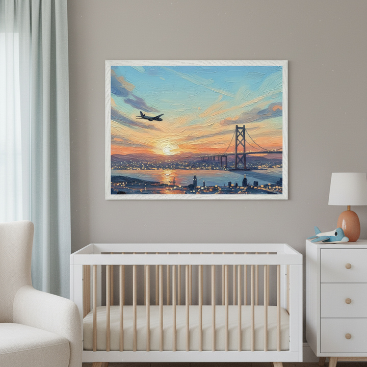 Peaceful nursery featuring a sunset painting of a bridge and airplane over a shimmering city and water, hung above a white crib with a toy airplane on the nearby dresser.