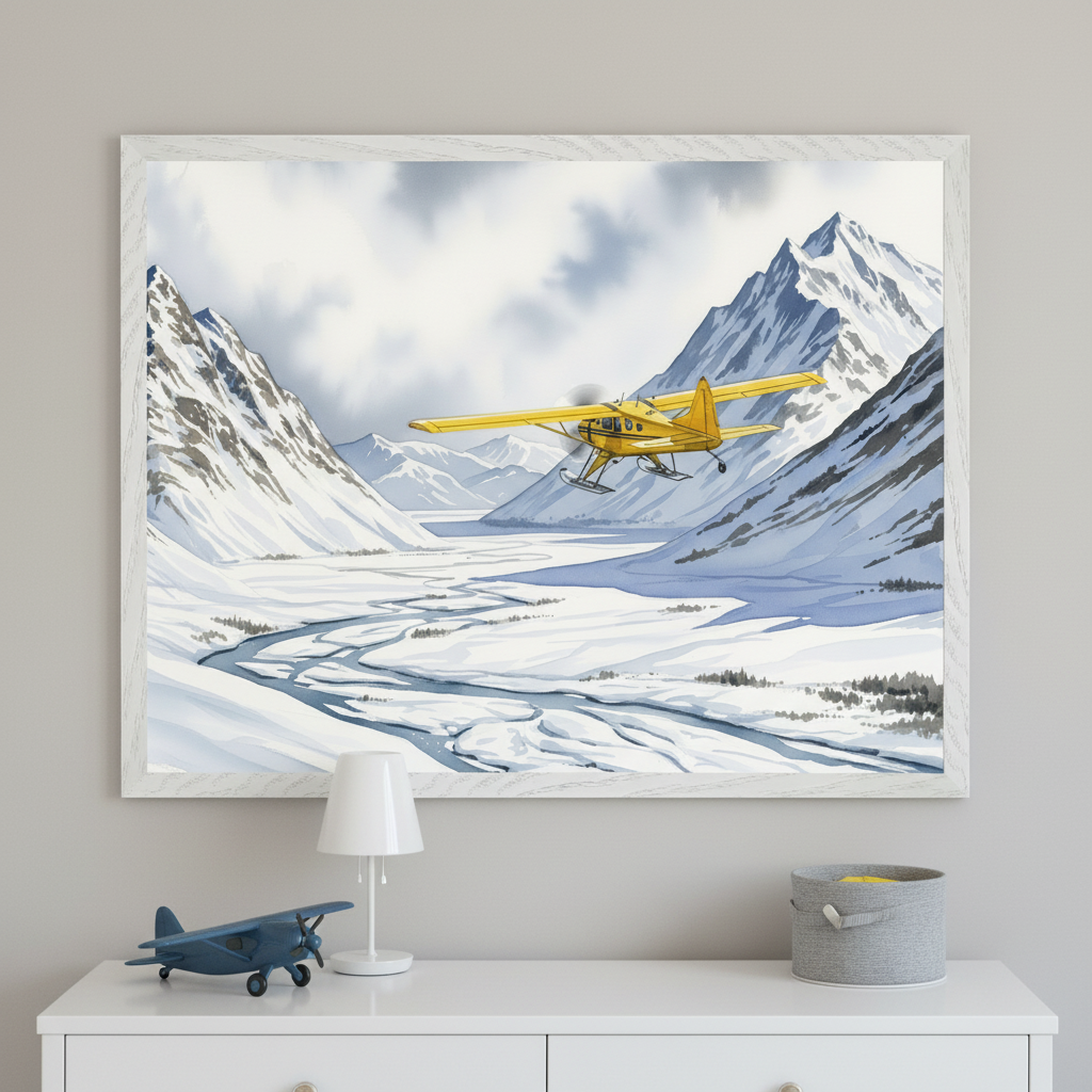 Modern room with a white dresser. A large framed watercolor-style painting hangs above the dresser, depicting a yellow ski plane flying through a snowy mountain valley with a winding river. On the dresser, a white lamp, a blue toy plane, and a gray fabric basket are visible.