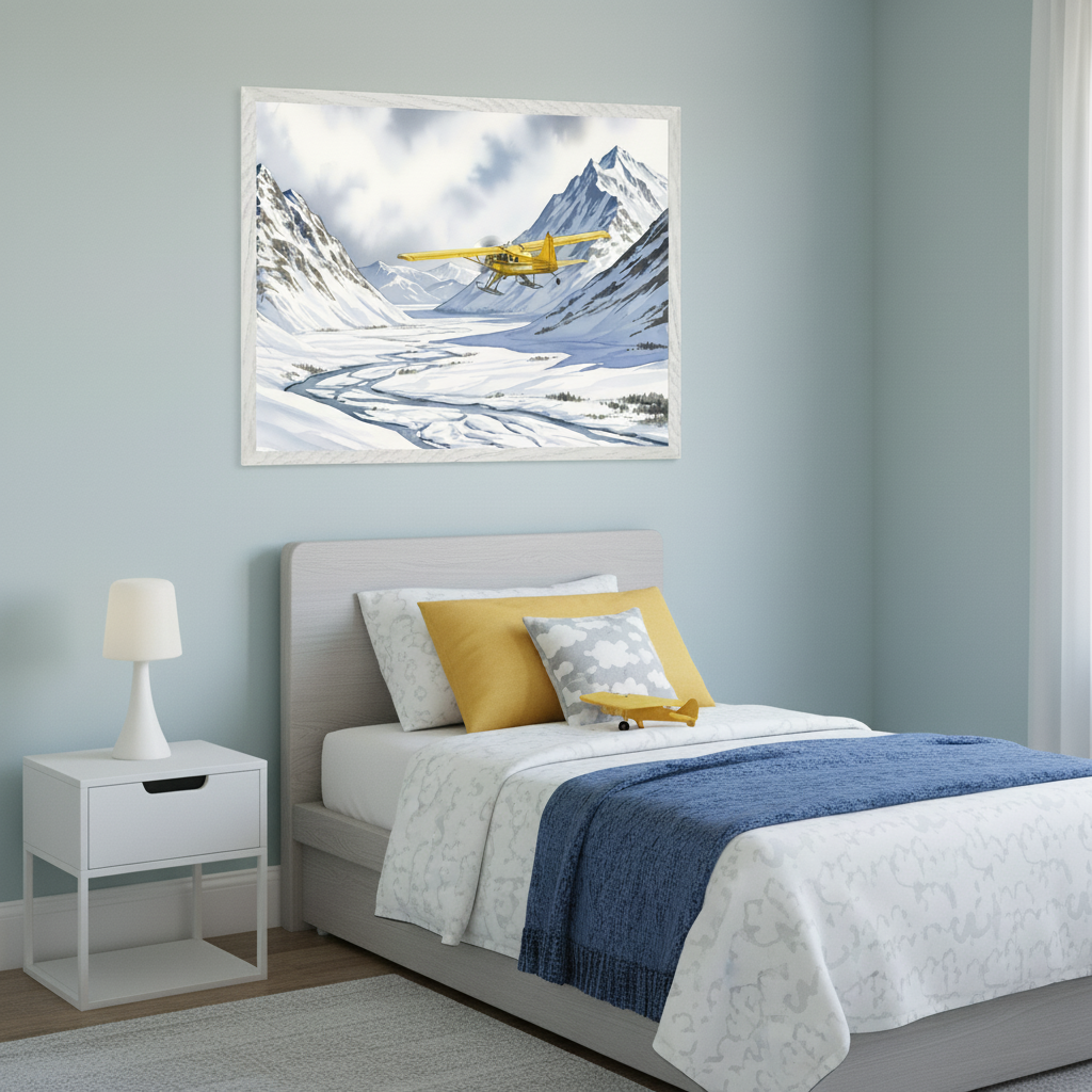 Modern kid's bedroom with a gray bed and a white nightstand. A large framed print in a watercolor style depicting a yellow bush plane flying over a snowy mountain valley hangs centered above the bed.