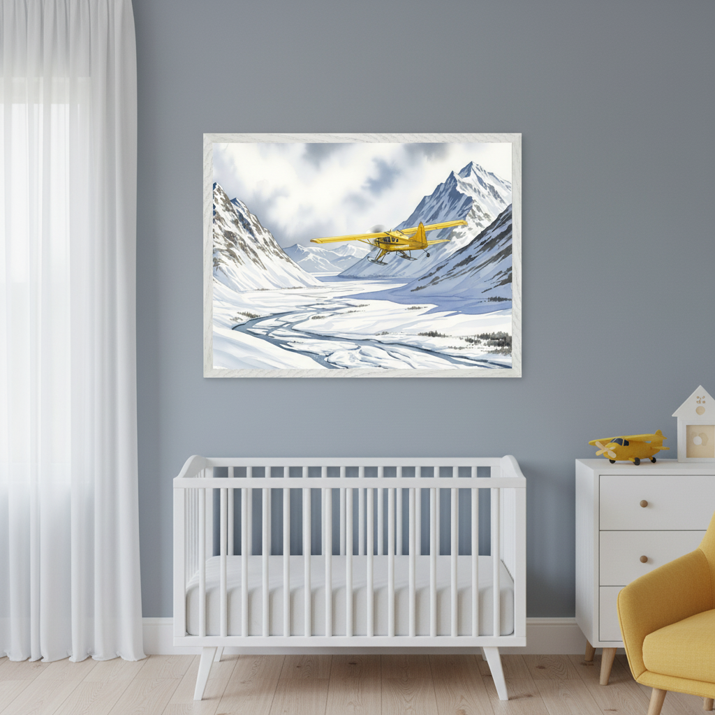 Modern nursery with a white crib against a gray wall. A large framed print featuring a yellow plane flying through a snowy mountain valley hangs centered above the crib. A white dresser with a toy plane and a yellow armchair are visible to the right.