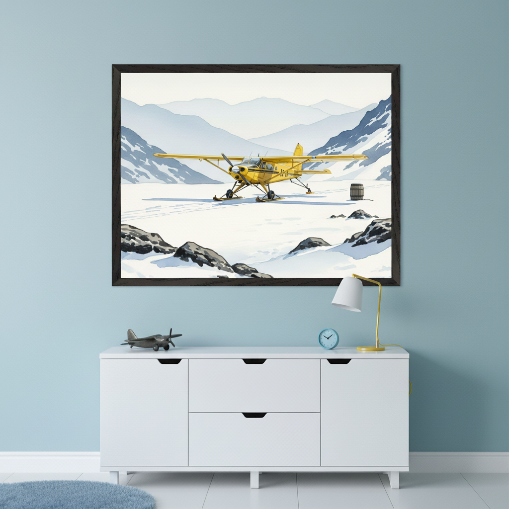 Modern room with a white credenza against a light blue wall. A large framed watercolor-style print of a yellow ski plane in a snowy mountain landscape hangs centered above the credenza.
