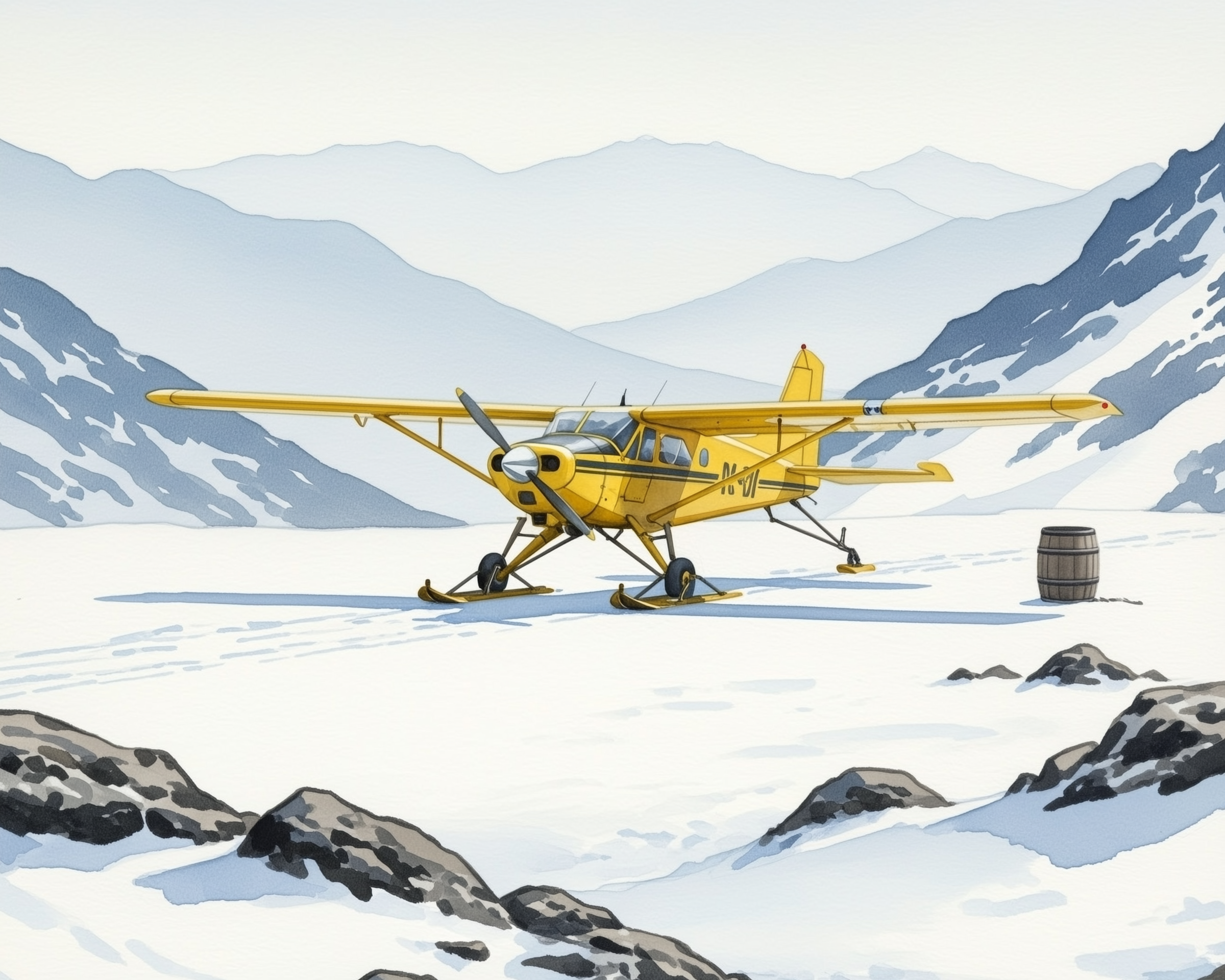 A yellow ski-equipped airplane is parked on a snowy landscape surrounded by rugged, snow-covered mountains. A wooden barrel stands nearby, adding to the remote and adventurous feel of the scene.