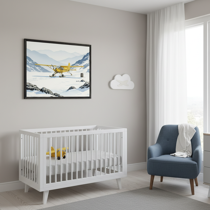 Modern nursery with a white crib and a blue armchair. A large framed print of a yellow propeller plane on skis in a snowy, mountainous landscape hangs above the crib.