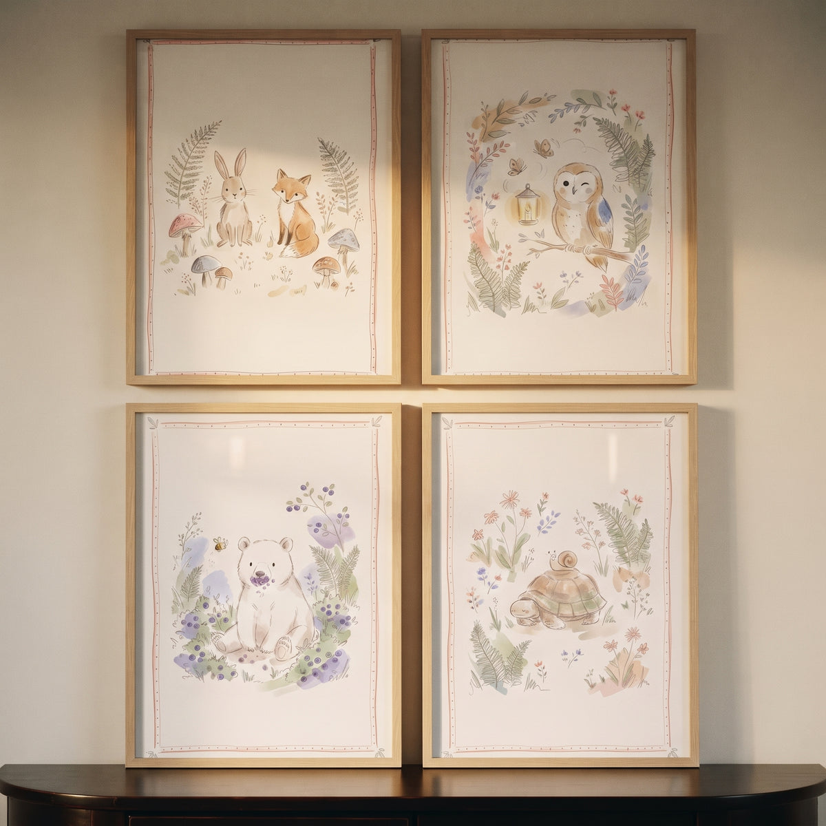 Airy botanical woodland animal wall art set of 4 featuring watercolor illustrations of a fox, rabbit, owl, bear, and turtle.