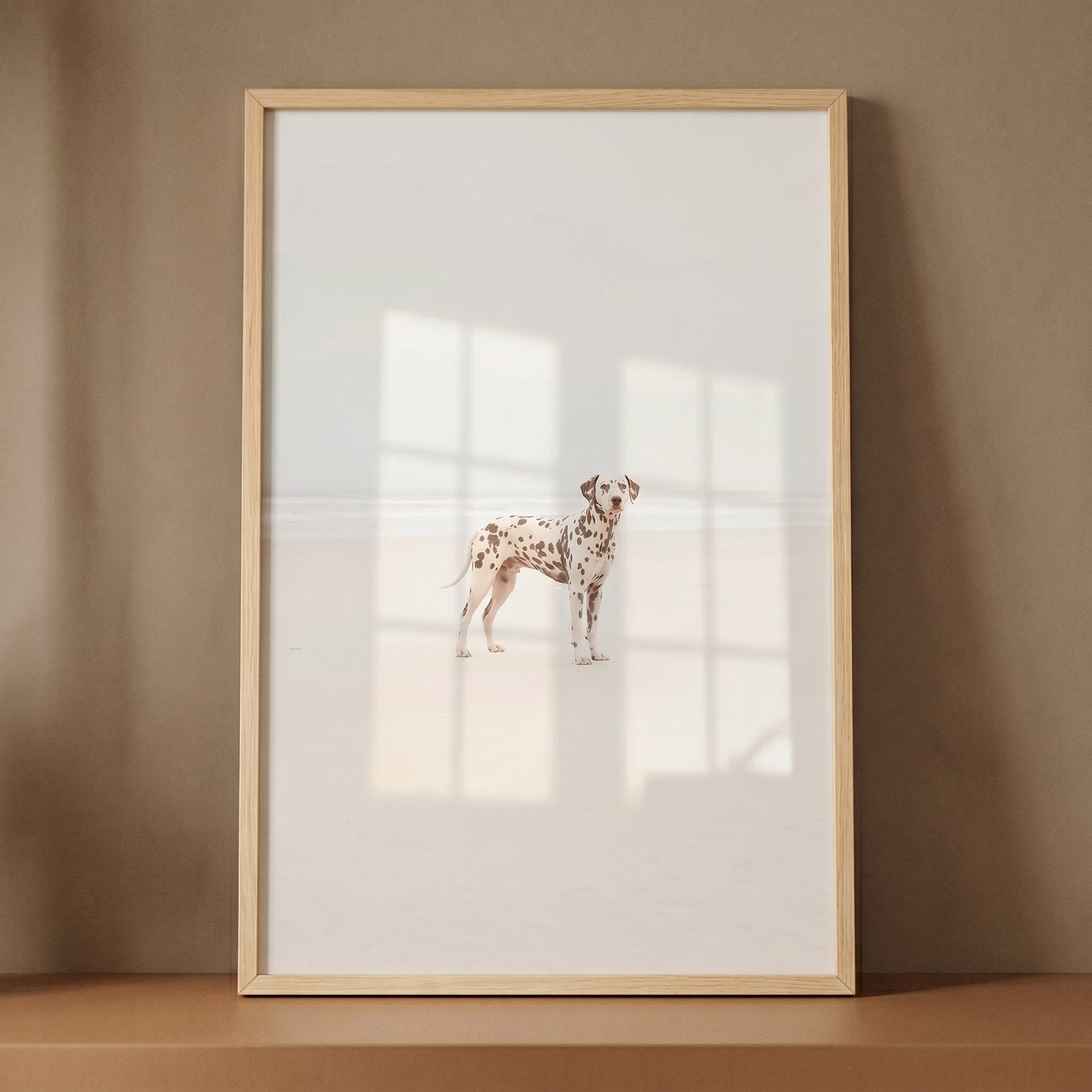 Airy coastal minimalist dog wall art featuring a spotted dog standing on a bright beach in a light wood frame.