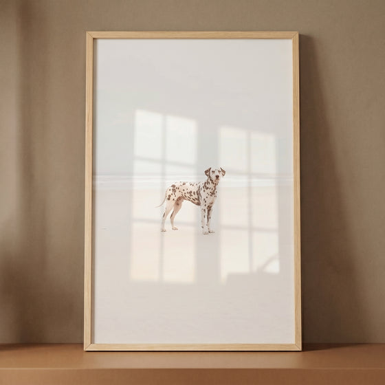 Airy coastal minimalist dog wall art featuring a spotted dog standing on a bright beach in a light wood frame.