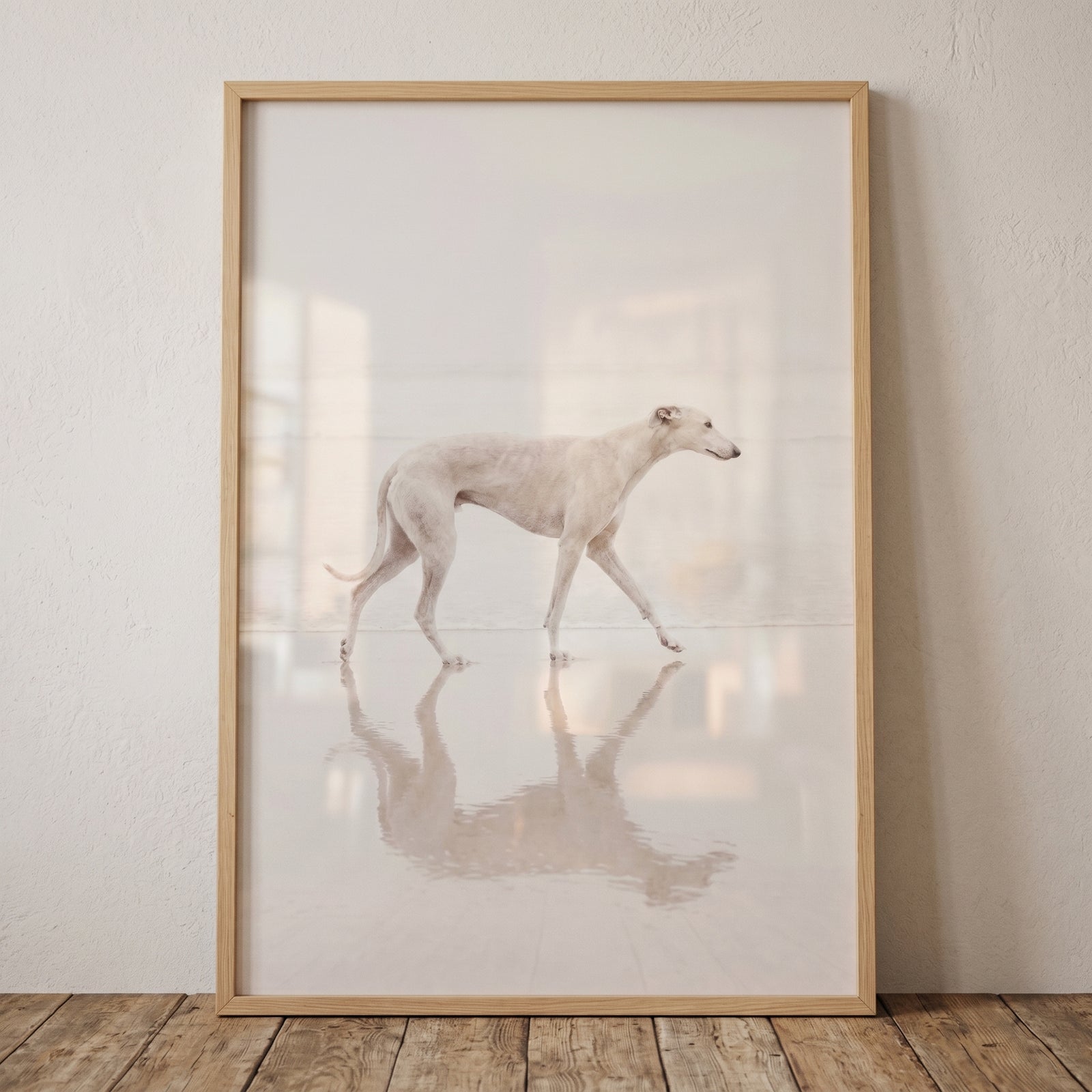 Minimalist airy coastal walking dog wall art of a white sighthound reflected on a wet floor in a light wood frame.