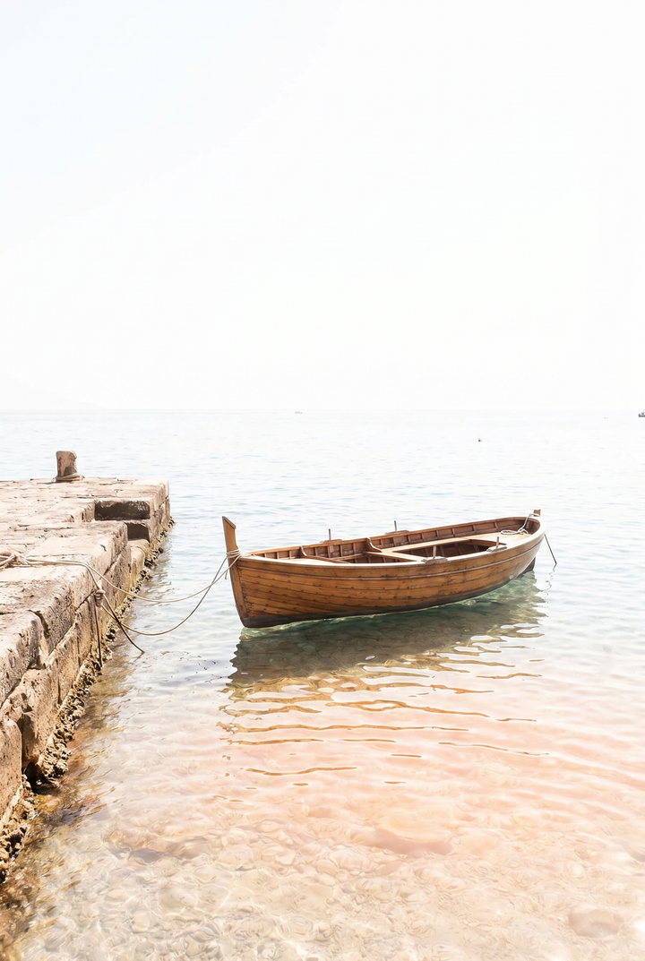 Small wooden boat tied to a stone dock in calm, clear water as airy coastal wooden boat wall art.