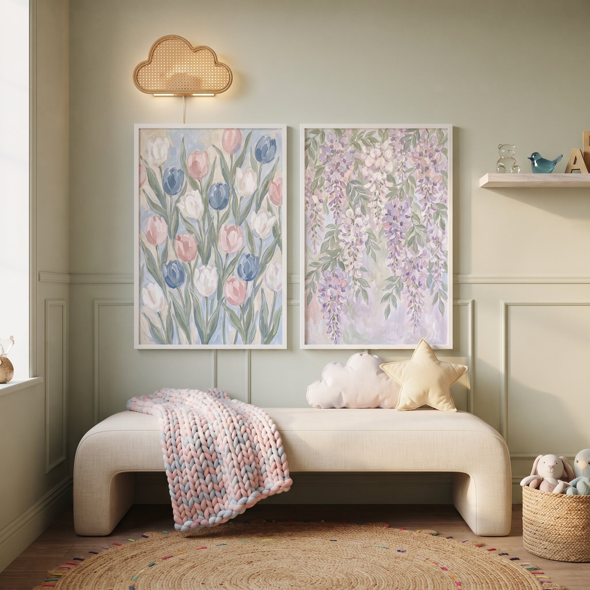 Airy Coquette Garden Floral Wall Art Set of 2 - Pastel Garden Bloom