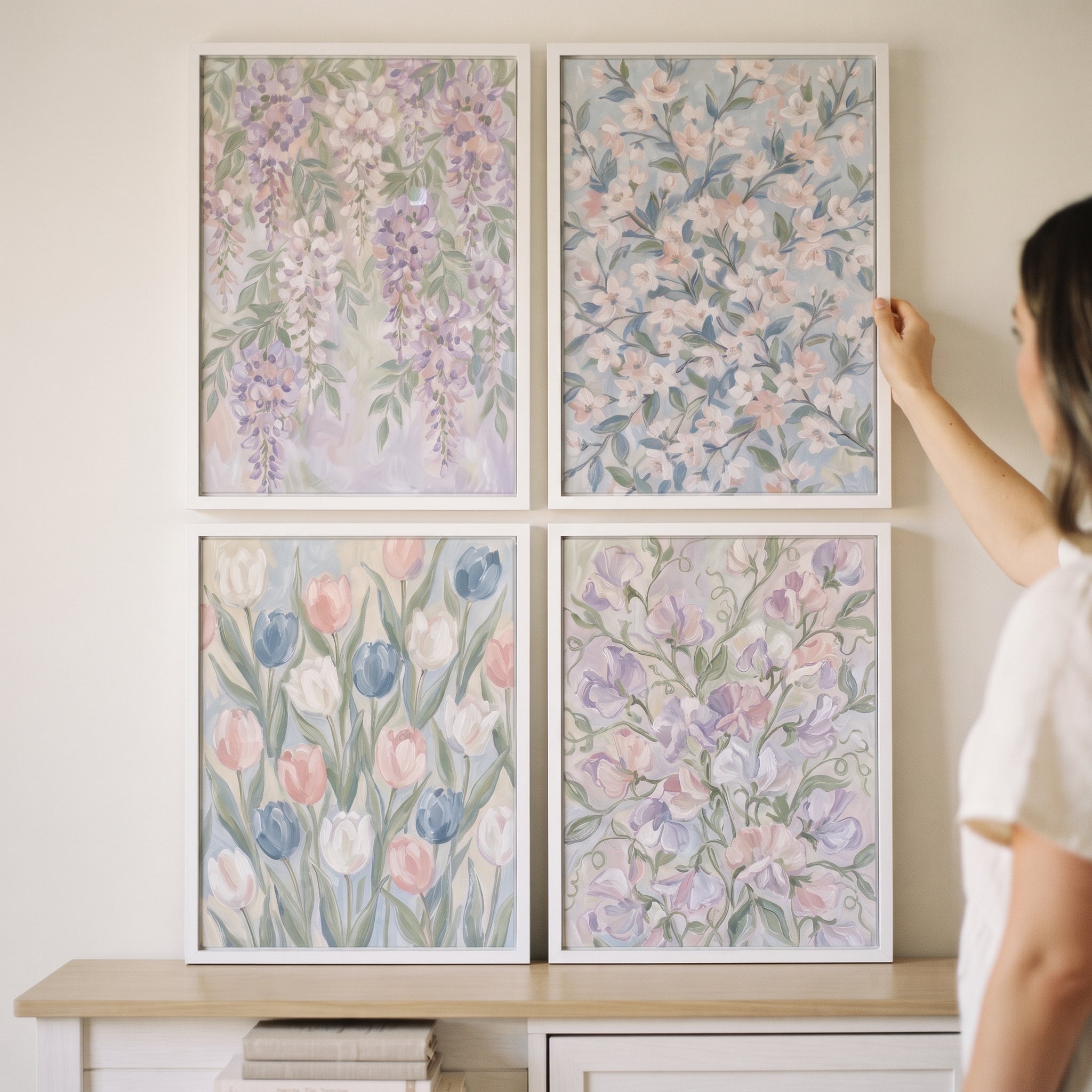 Airy Cottagecore Garden Floral Wall Art Set of 4 - Pastel Petals Bloom