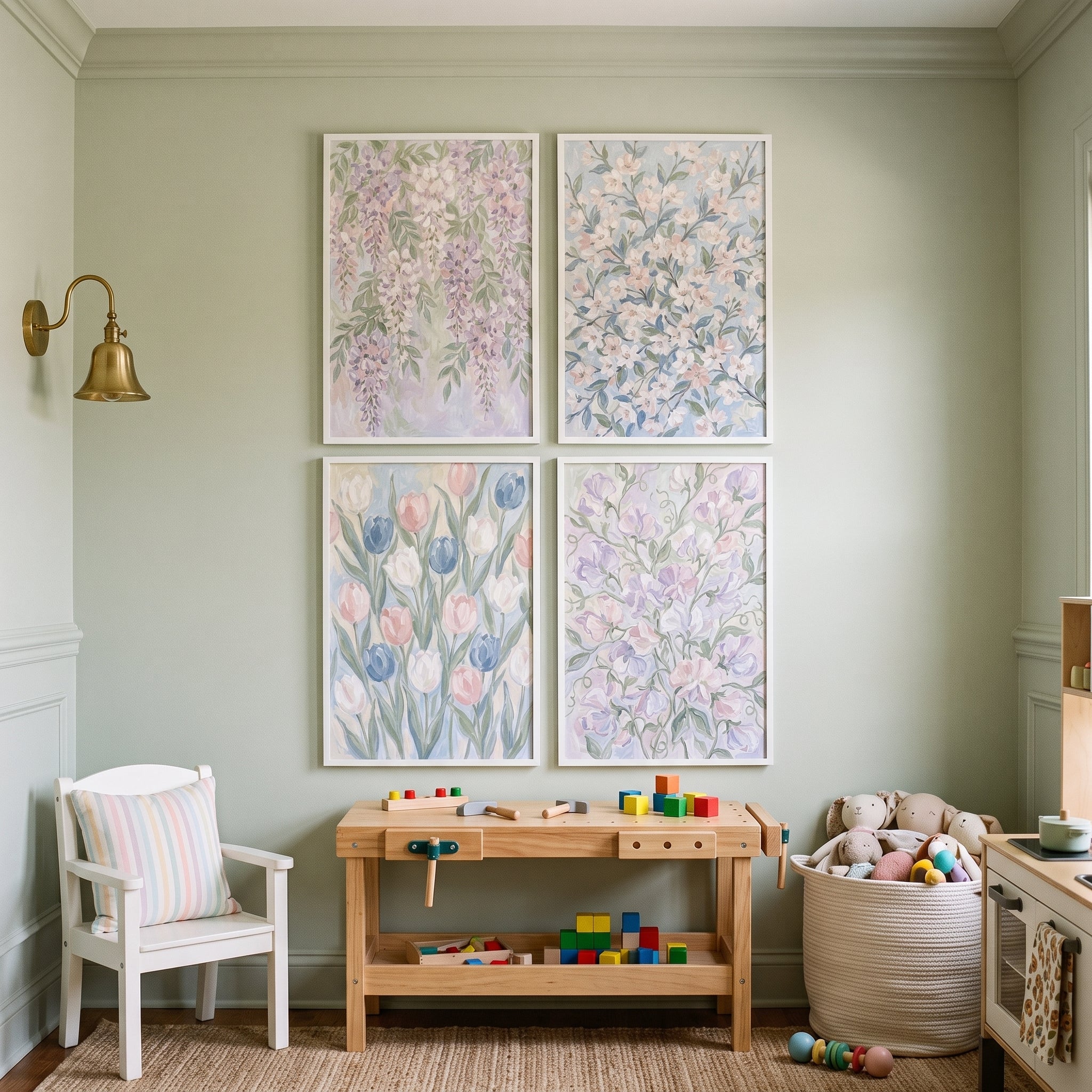 Airy Cottagecore Garden Floral Wall Art Set of 4 - Pastel Petals Bloom
