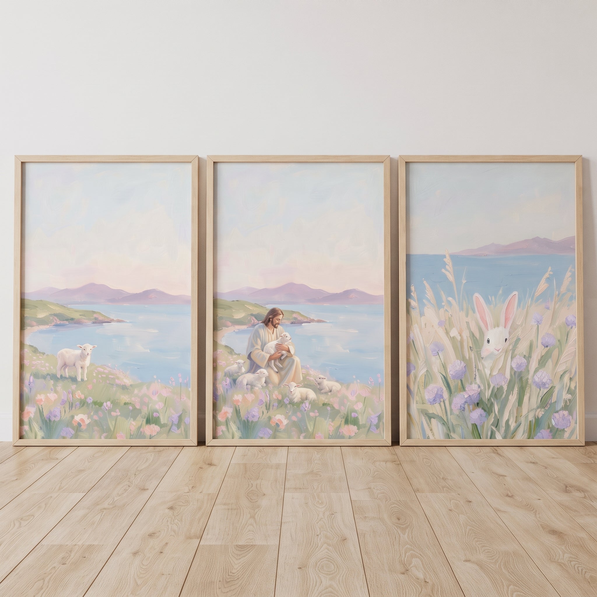 Airy Lavender Coastal Meadow Wall Art Set of 3 - Jesus' Gentle Grace
