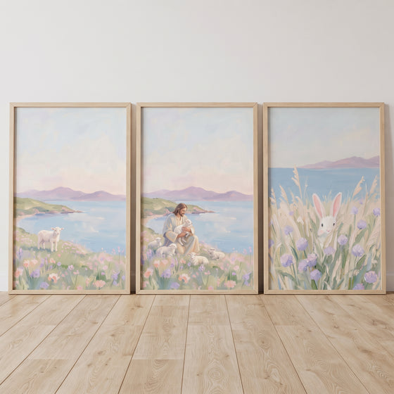 Jesus with lambs and a white bunny in an airy lavender coastal meadow wall art set of 3.