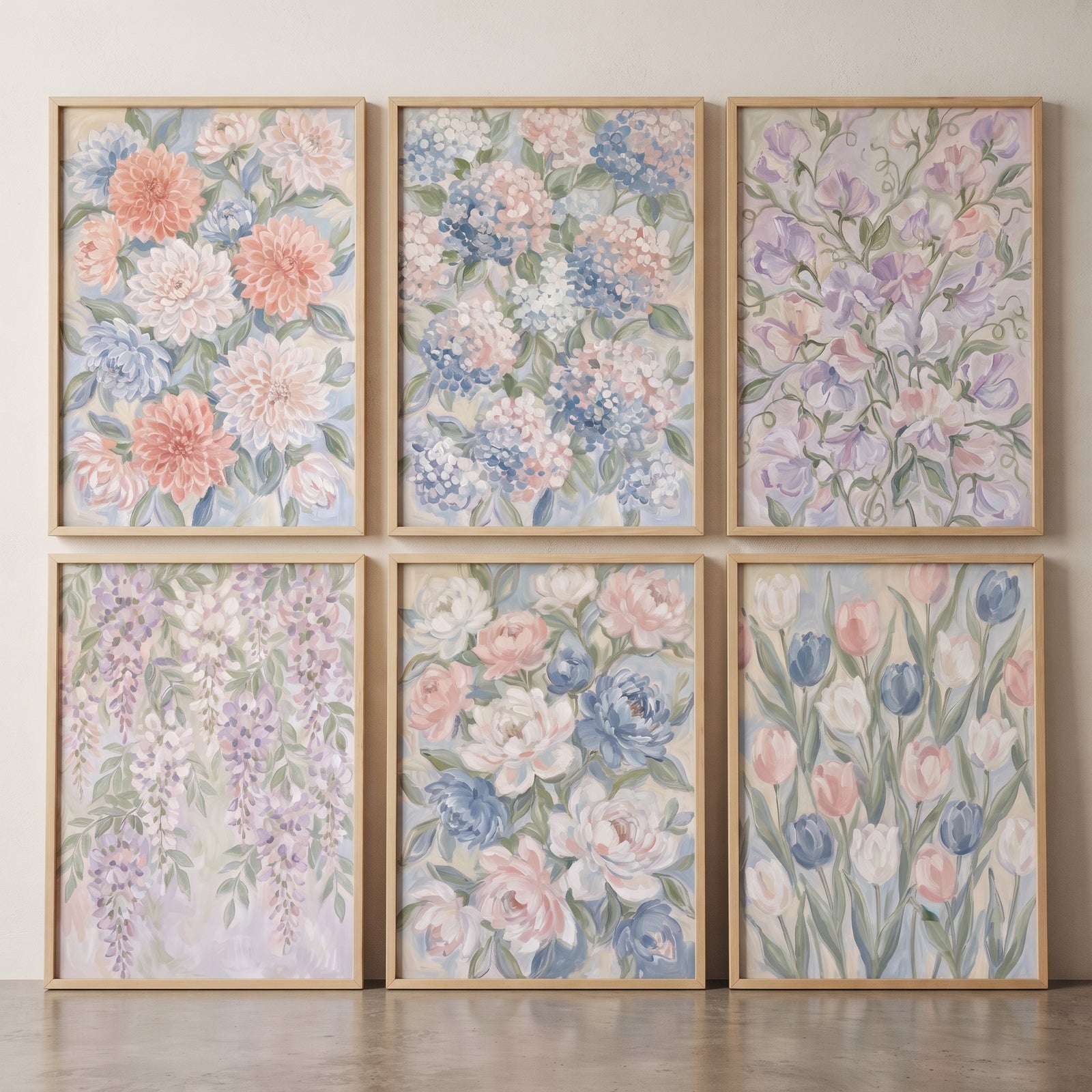 Airy lavender pink floral artwork set of 6 in light wood frames features soft dahlias, hydrangeas, wisteria, and tulips.