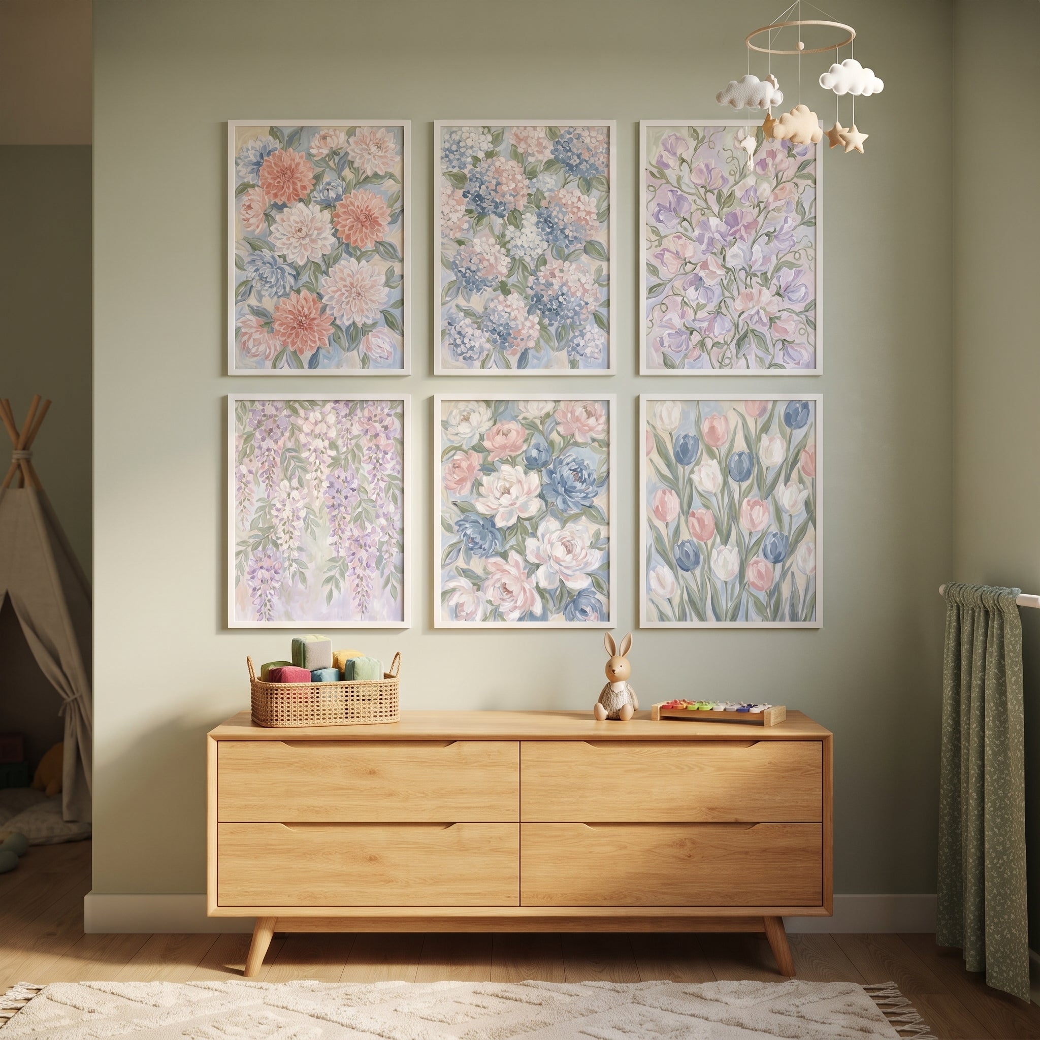 Airy Lavender Pink Floral Artwork Set of 6 - Pastel Blossom Suite
