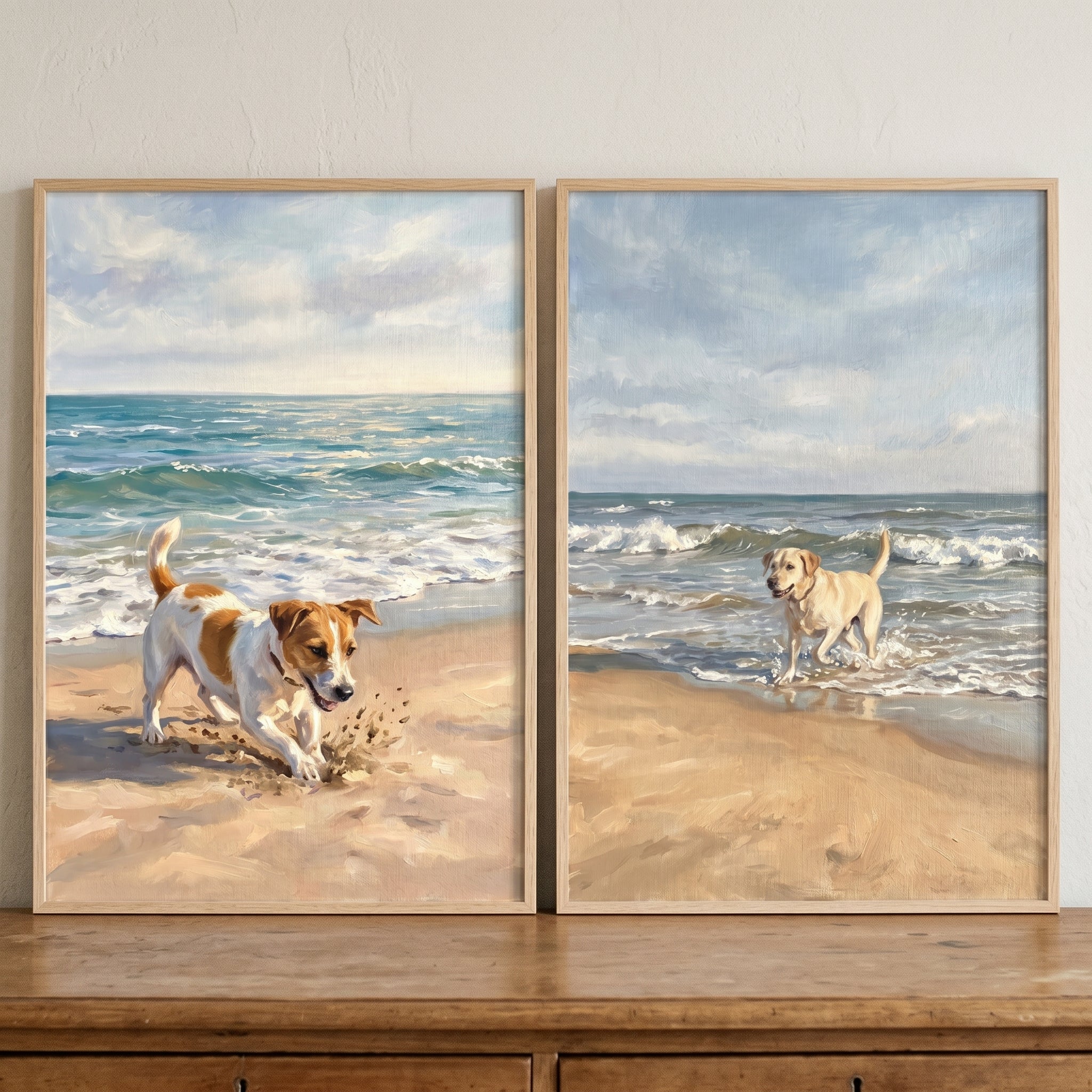 Airy Maritime Shoreline Dogs Wall Art Set of 2 - Sandy Beach Play