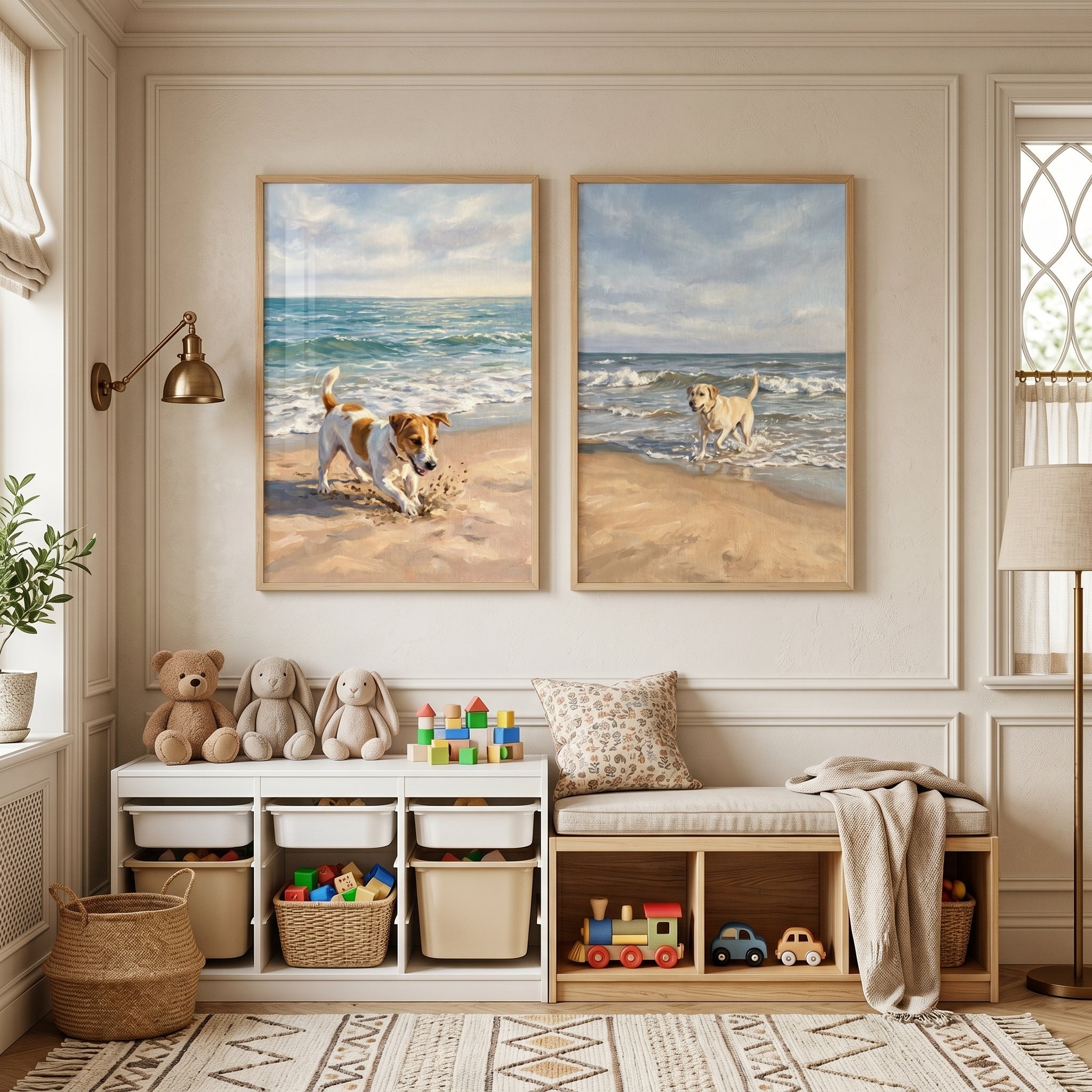 Airy Maritime Shoreline Dogs Wall Art Set of 2 - Sandy Beach Play