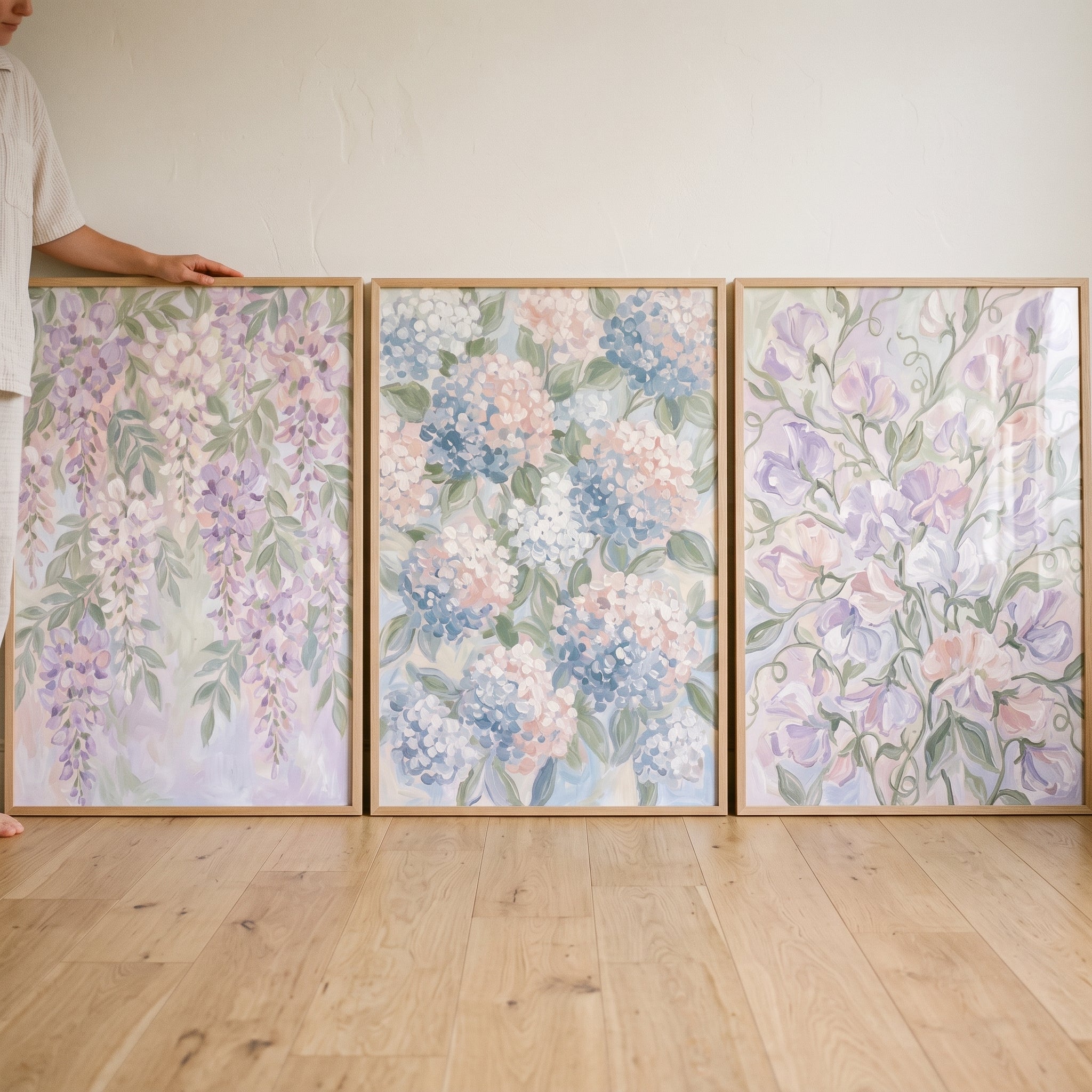 Airy Pastel Botanical Floral Wall Art Set of 3 - Lavender Garden Trio