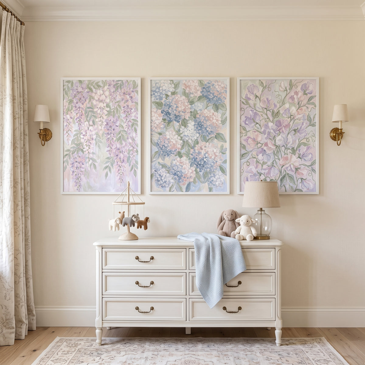 Airy Pastel Botanical Floral Wall Art Set of 3 - Lavender Garden Trio