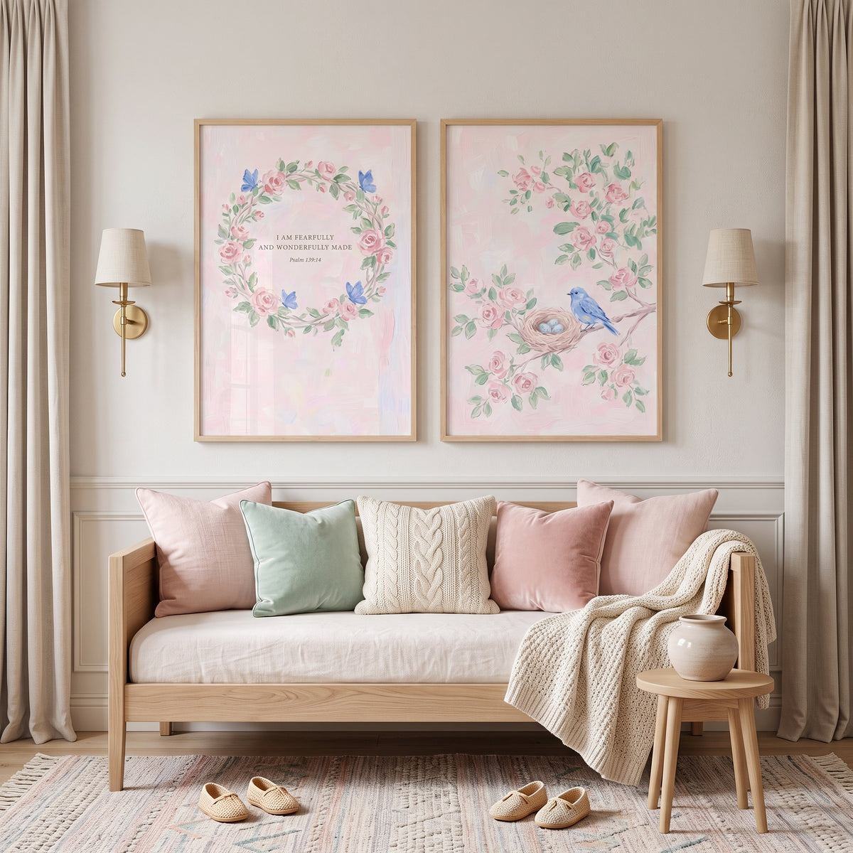 Airy Watercolor Pink Garden Wall Art Set of 2 - Floral Bird Song