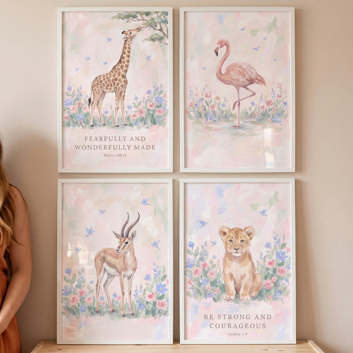 Airy Watercolor Safari Animals Wall Art Set Of 4 - Gentle Scripture Art