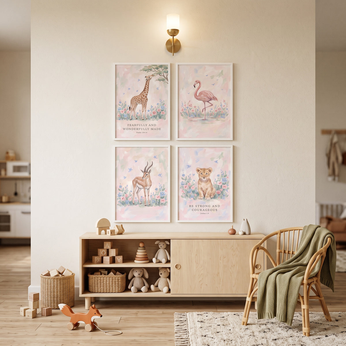 Airy Watercolor Safari Animals Wall Art Set Of 4 - Gentle Scripture Art
