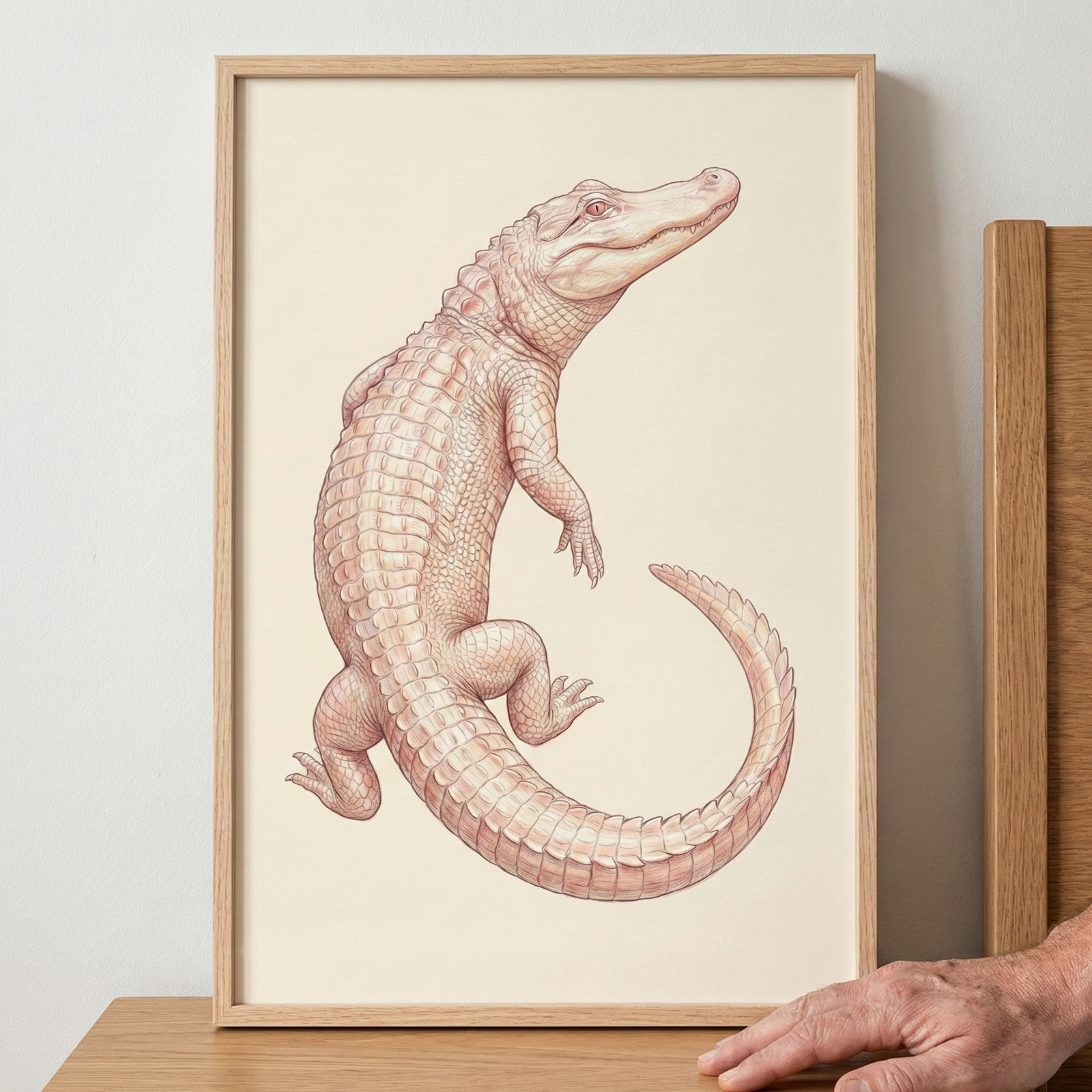 A detailed illustration of an alligator in a vertical light wood frame. The reptile is rendered in soft pink and beige tones with intricate scale patterns across its body and tail. It is depicted in profile, standing upright with its head tilted back and its thick tail curving around the bottom in a half-circle. The artwork is set against a plain cream background. The frame sits on a natural wood surface, and the hand of a person is visible at the bottom right corner.