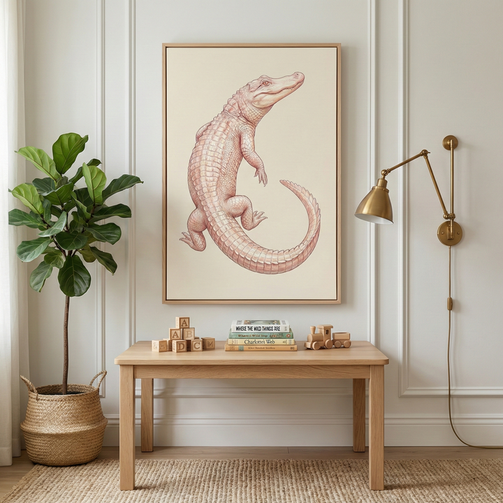 A cozy room features a framed illustration of an alligator on the wall, above a wooden table. The table holds wooden blocks, books, and a small toy train. A potted plant in a woven basket and a brass wall lamp add warmth to the setting.