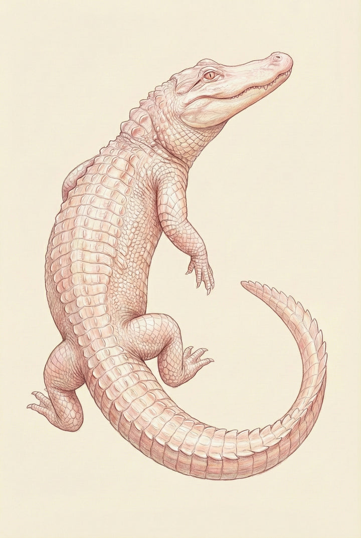 A detailed illustration of an albino alligator rendered in a scientific style. The reptile’s body curves elegantly, with its long, spiked tail arching around. Fine line work and soft pink-toned shading meticulously detail its intricate scales and bony plates. The alligator's head is tilted upwards, and its clawed feet are visible. The entire artwork is presented in a light, monochromatic palette of creams and soft tans against a plain, off-white background.