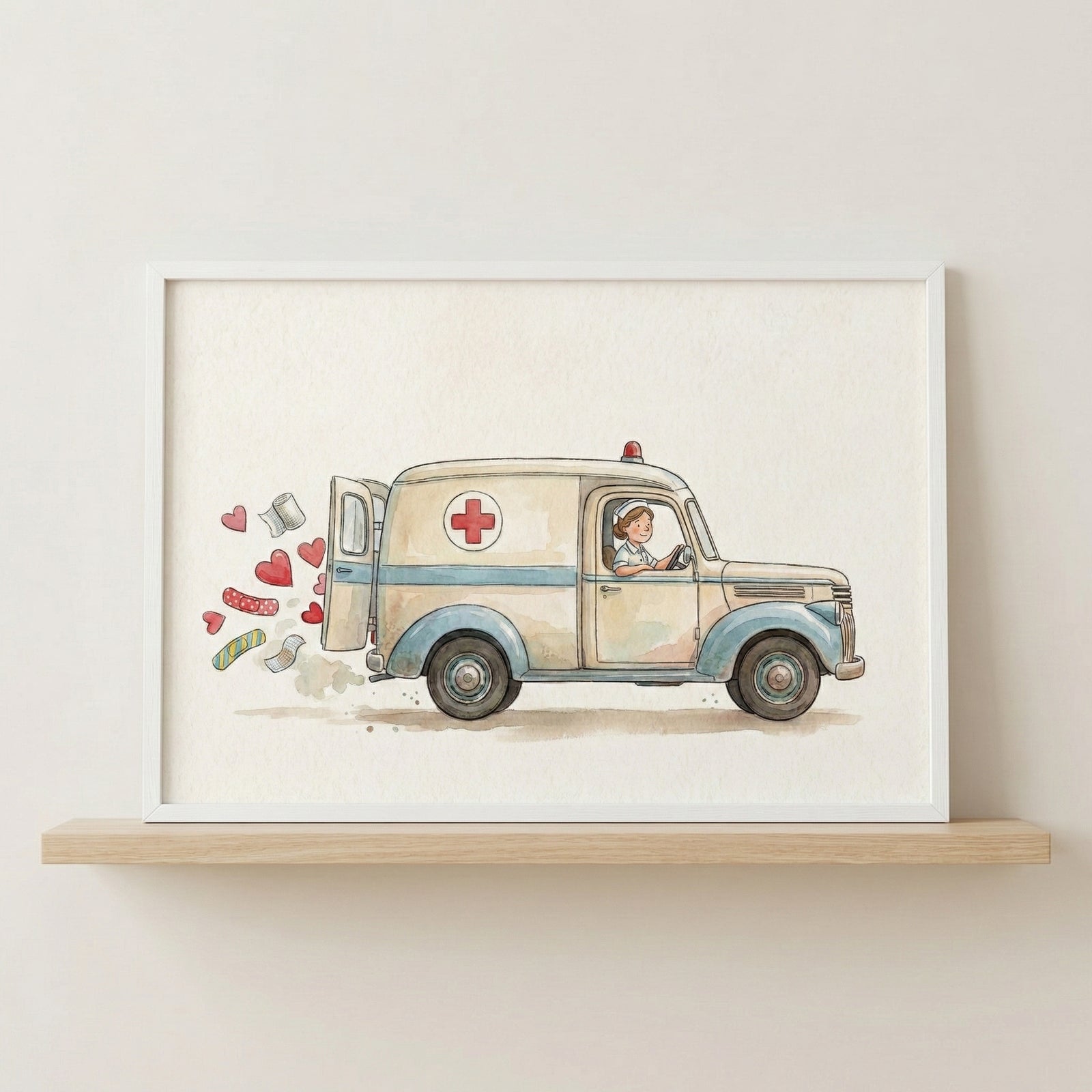 Whimsical watercolor of a vintage ambulance driven by a friendly nurse, trailing floating medical supplies and hearts. Band-aids, pills, and hearts swirl behind the vehicle, creating a caring and playful atmosphere.